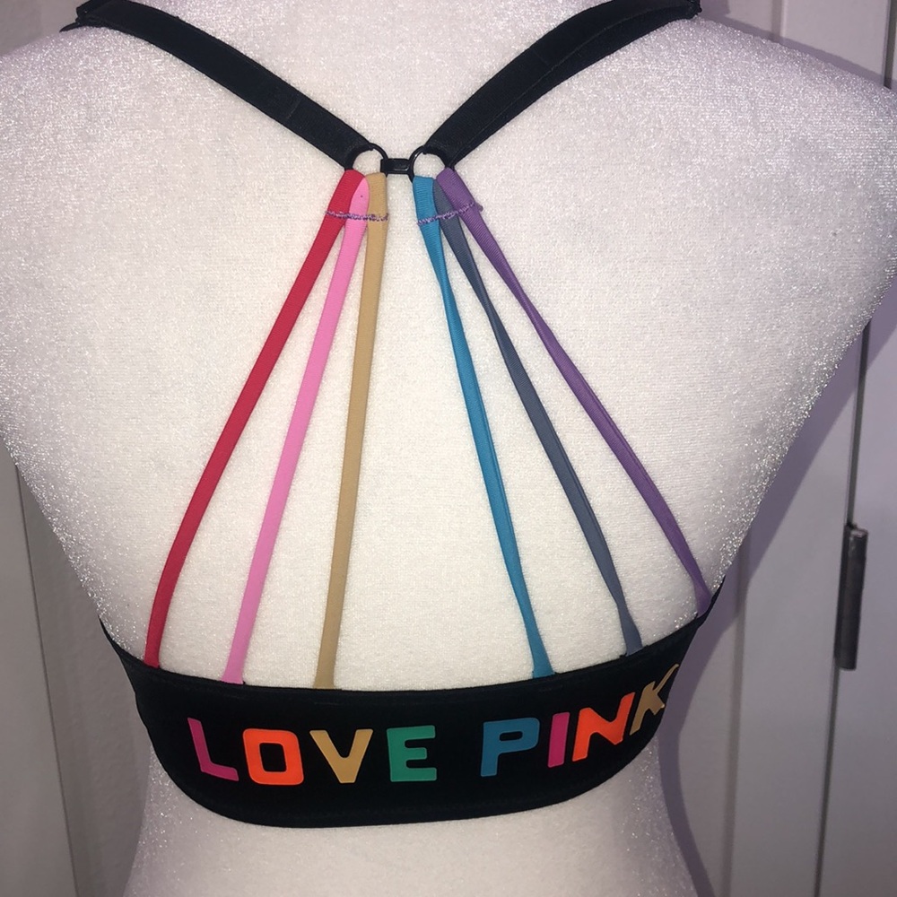 Pink By Victoria’s Secret black strappy with rainbow stripes size 32C Sexy